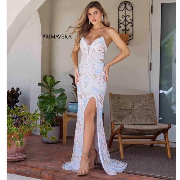 Primavera Couture Dresses & Skirts - Primavera Couture Beaded Sequin Gown White Pink Blue 16 New Without Tags